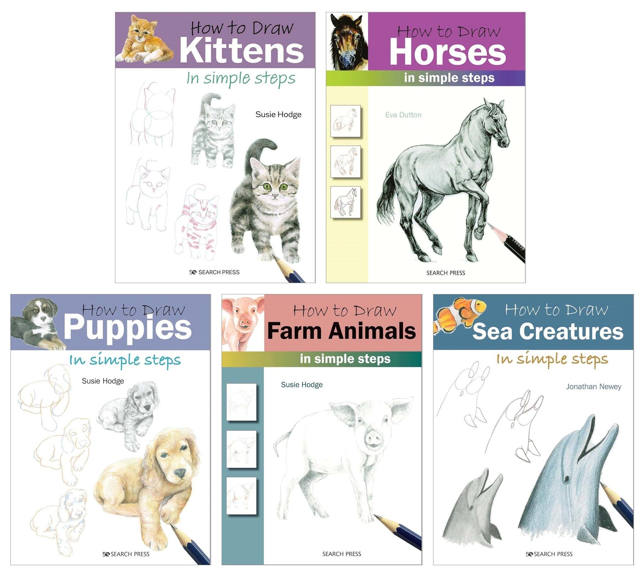 How to Draw Series: Horses, Farm Animals, Sea Creatures, Puppies & Kittens 5 Books Collection Set - Non Fiction - Paperback