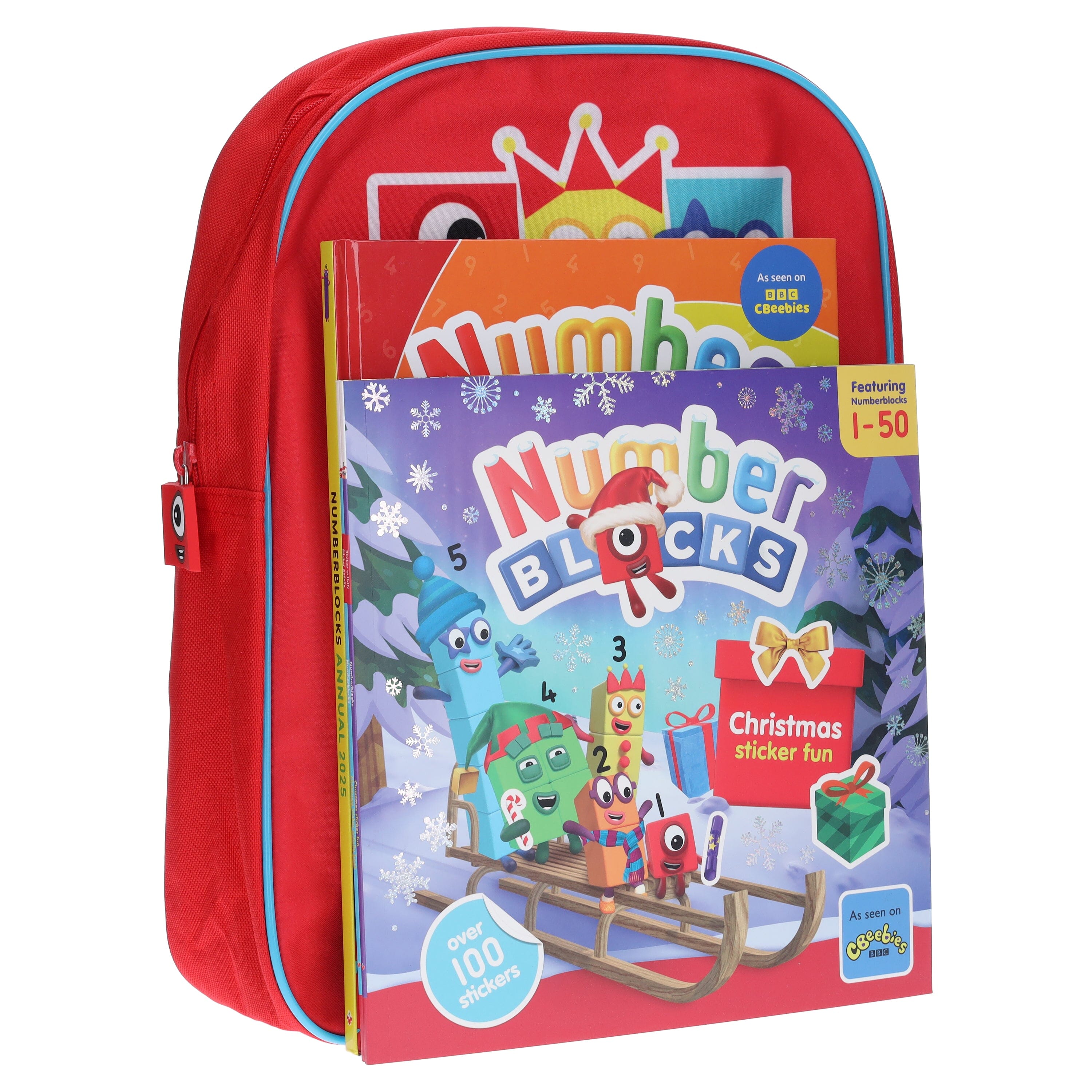 Numberblocks Christmas Collection 3 Books Set and A Children's Nursery Red Schoolbag for Boys & Girls- Ages 1-7 - Paperback/Hardback